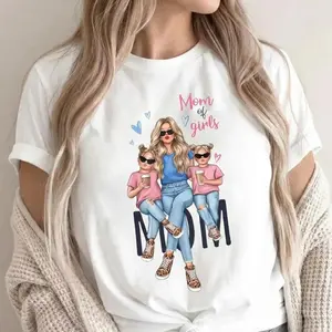 Cotton Short Sleeve T-Shirt Mom of Girls Cartoon Printed T-Shirt, Y2K Style, Short Sleeve, Crew Neck, Polyester, Mother'S Day Gift All-match with jeans leggings shorts
