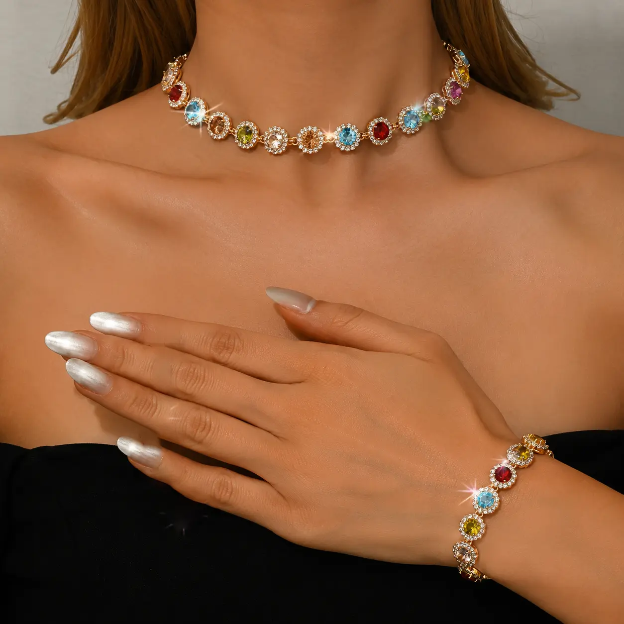 Colorful Crystal Jewelry Sets Gold Multicolor Rhinestone Necklace Bracelet Set Prom Costume Accessory for Women