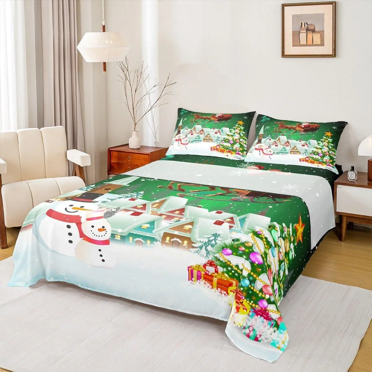 Christmas Sheet Setsnowman Xmas Tree Bed Sheet Set,4pcs with Deep Pocket Fitted Sheet + Flat Sheet +,Santa Claus with Deer Bedding Set for Kids Boys Girls Room Decor