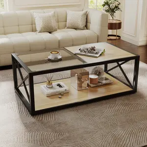 39" Rectangle Glass Coffee Table,Industrial Style Center Table with Black Metal Frame and Rustic MDF Storage Shelves,  Small Wood Table for Living Room,Apartment,Easy Clean & Tool-Free Assembly