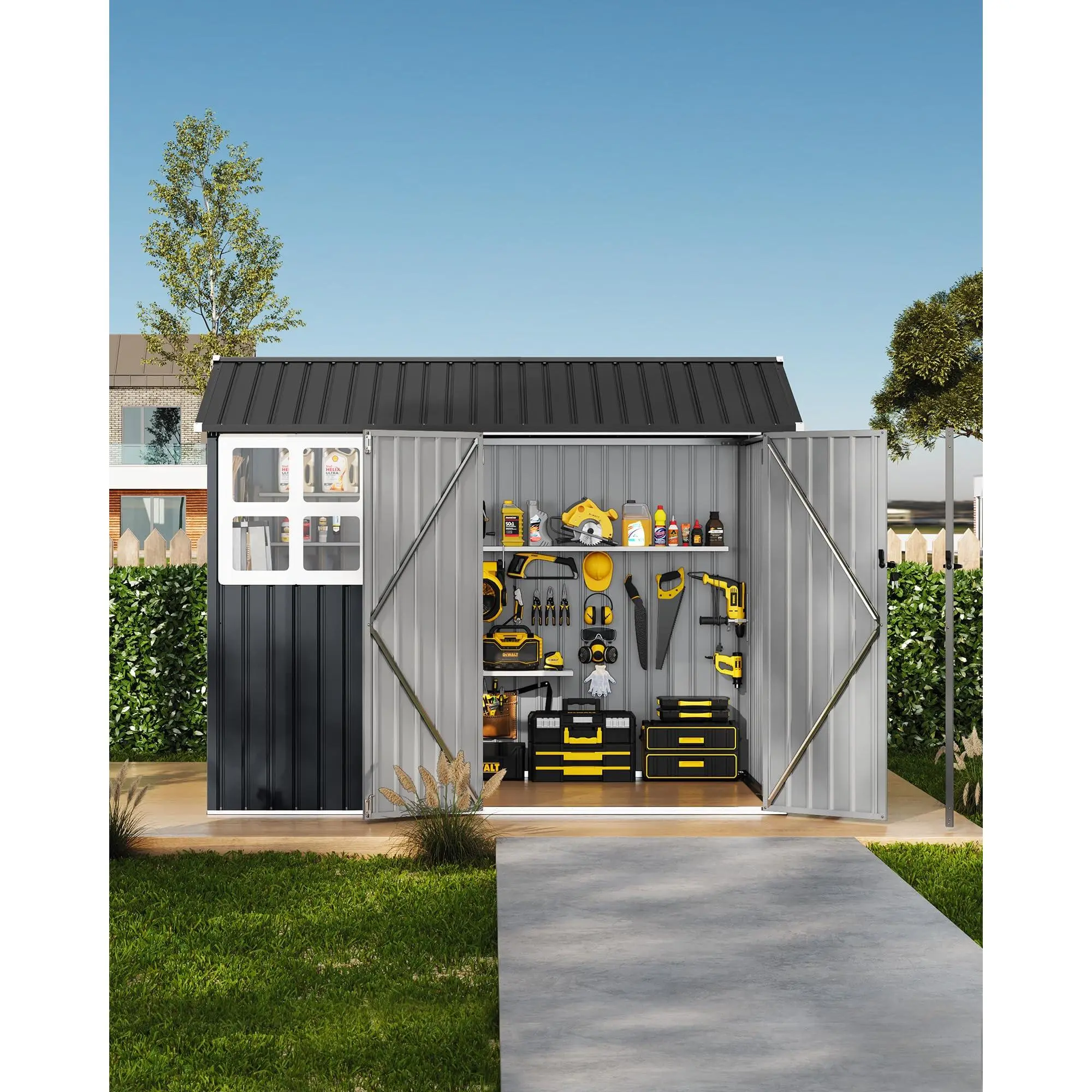 Garvee 6x8 ft Durable Garden Metal Storage Shed - Updated Frame Structure, Lockable Doors, Lockable Windows, Dark Gray/Brown Options, Ideal for Backyard, Garden Use, Durable Garden Shed