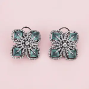 Safa Oxidized Silver With Mint CZ Stud Earrings | Modern Desi Jewelry By Jaipur Rose