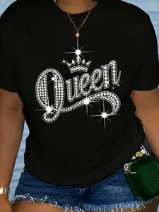 [Queen Print T-Shirt] Women's Queen & Crown Print T-Shirt - Short Sleeve Round Neck Casual Blouse with Queen Portrait & Crown, Spring Summer Casual Attire, Machine Washable Non- Fabric for Themed Parties & Events - Comfortable Casual Top