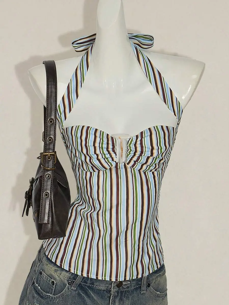 RES Striped Backless Halter Neck Top