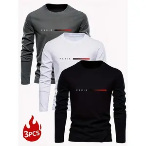 3-Pack Men'S Casual Crew Neck Long Sleeve T-Shirts - Knit Polyester 95%, Elastane 5% - Slight Stretch, Basic Style with Random Print Design Fabric Menswear Tops Crewneck