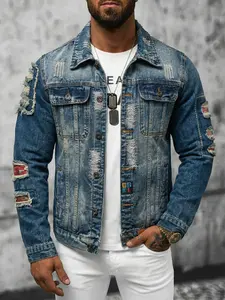 Men’s Fashion Denim Jacket – Loose Fit, Unique Patchwork Design, Ripped Detailing, Streetwear Essential