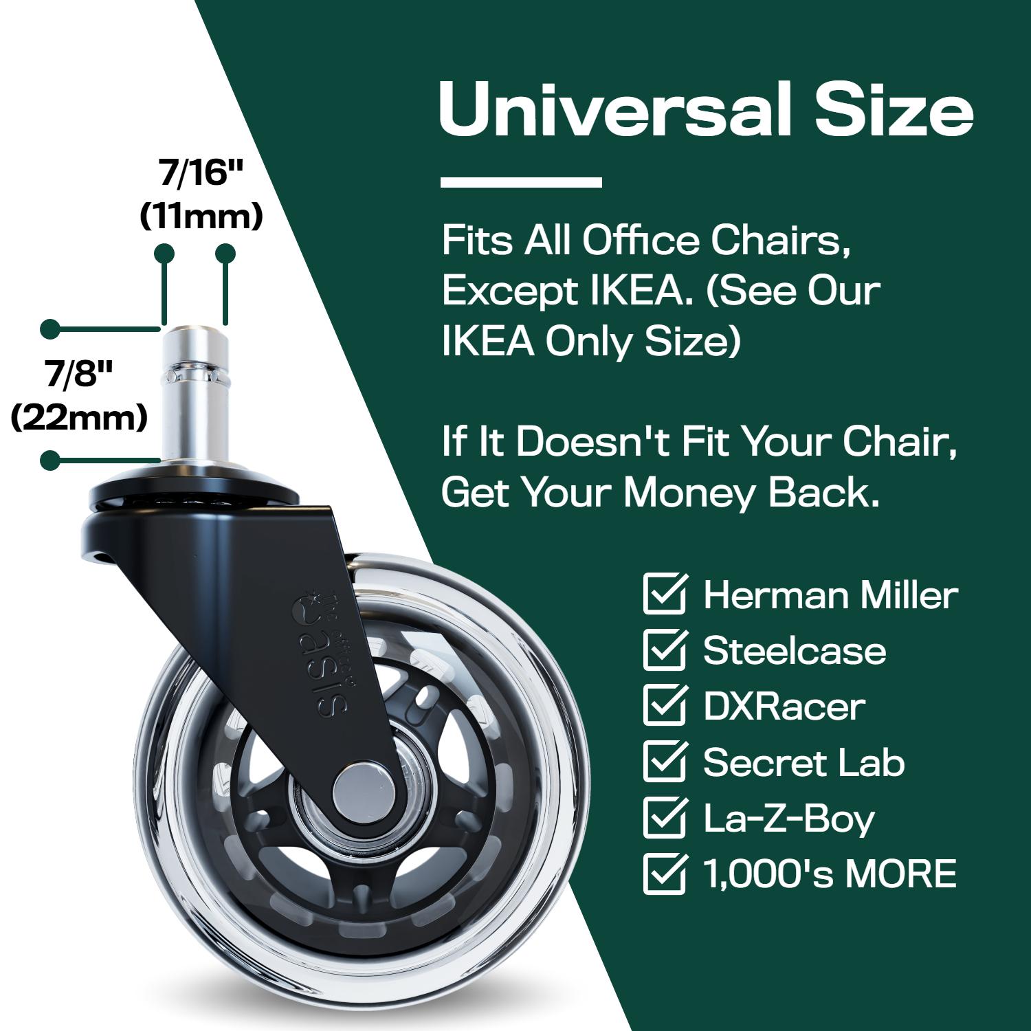 The Office Oasis - Original Rollerblade Office Chair Wheels (As Seen On PBS), Easy Installation with Universal Fit - Set of 5