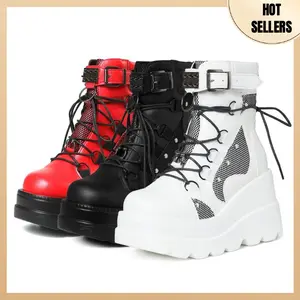 Platform Ankle Boots for Women Chunky High Heel Booties Goth Round Toe Combat Boots Women Lace Up Motorcycle Wedges