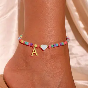 Tewiky Gold Mother of Pearl Heart Initial Anklet with Colorful Seed Beads, Summer Beach Letter Ankle Bracelet