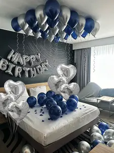 61 Pcs Silver and Navy Blue Birthday Balloon Decoration Set with 16 Inch Happy Birthday Letter Balloons Heart Foil Balloons and Metallic Silver Matte Blue Latex