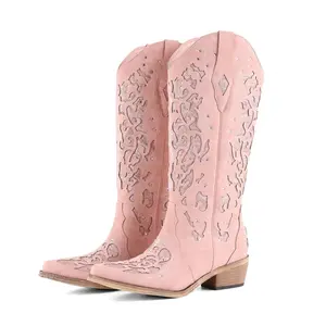 【Tiktokshopmothersday】Western Cowboy Boots for Women with Comfortable Calf Red Cowgirl Boot Sparkly Rhinestone Wedding Boots Trendy Vintage Tall Glitter Boot with Embroidery and Chunky Heel for Daily Wearing Office Party