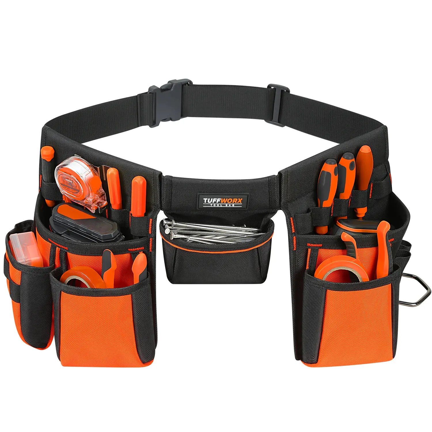 TUFFWORX Tool Belt with Multiple Pockets, Heavy Duty Construction Pouch, Black and Orange Tool Bag Organizer Tool Bag Roll