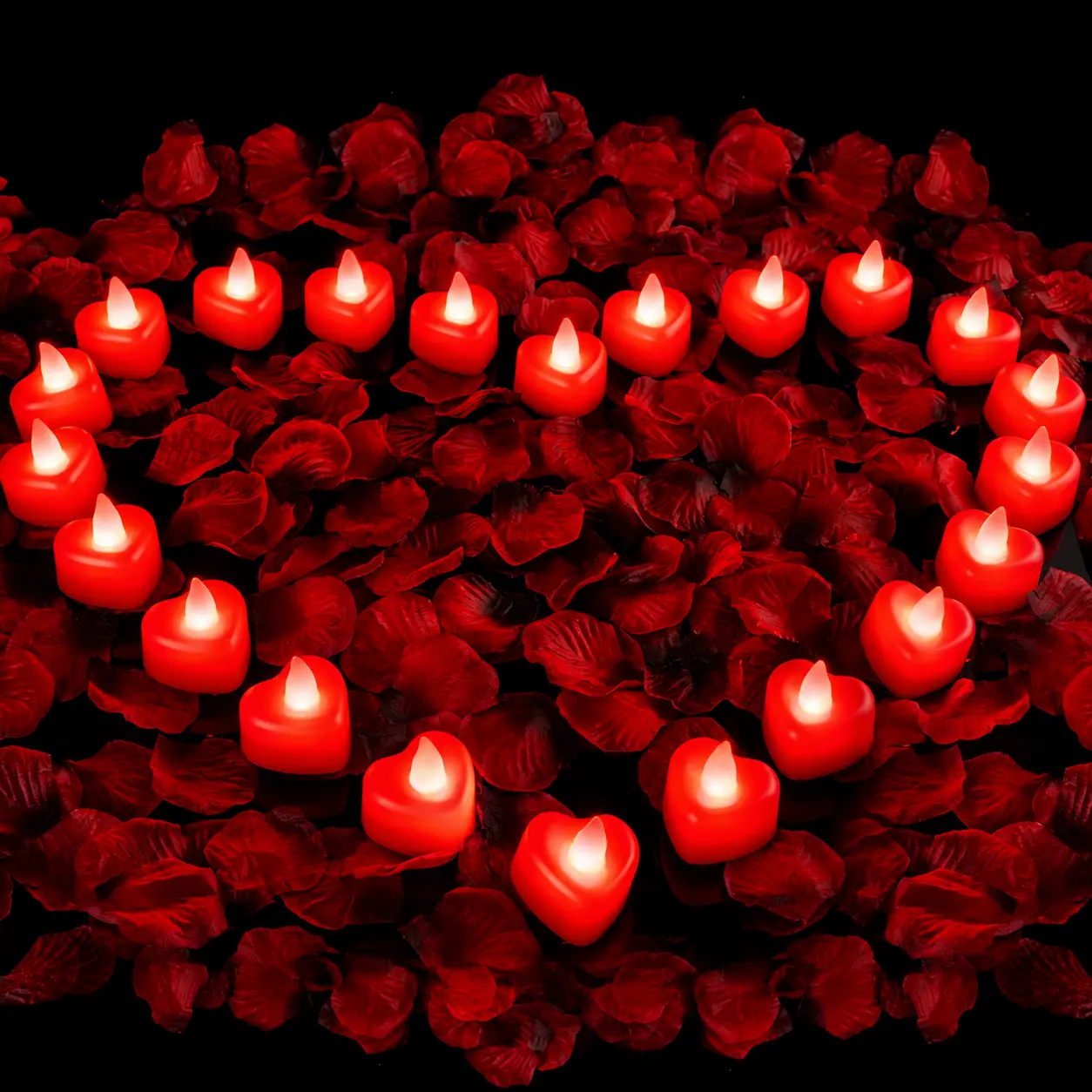 2000 Pieces Red Artificial Rose Petals with 24 Red Heart LED Tea Lights, Rose Petals and Candles Set for Proposal, Anniversary, Romantic Night, Wedding Decor Glitter Rose Bouquet Decoration Flower Arrangement Back to School Summer Sale Deals