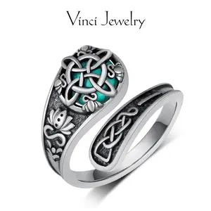 925 Sterling Silver Synthetic Turquoise Celtic Knot Open Ring, Vintage Spoon Ring Thumb Ring Unisex, Witch Knot Design, Witchtok Pagan Jewelry