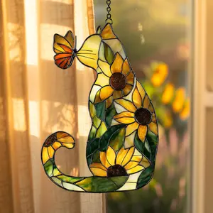Sunflower Cat Suncatcher Acrylic Window Hanging Decor, Cute Floral Kitty Sun Catcher Ornament, Cat Lover Gift