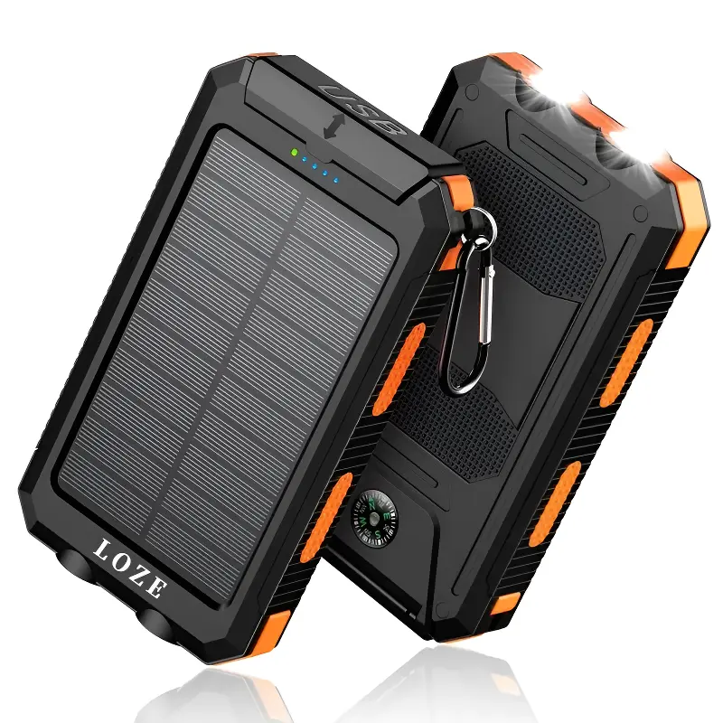 LOZE 10000mAh Solar Power Bank, a portable fast charger for all mobile devices, features dual USB ports, a built-in LED flashlight and compass, and IP65 water resistance, making it suitable for outdoor activities.