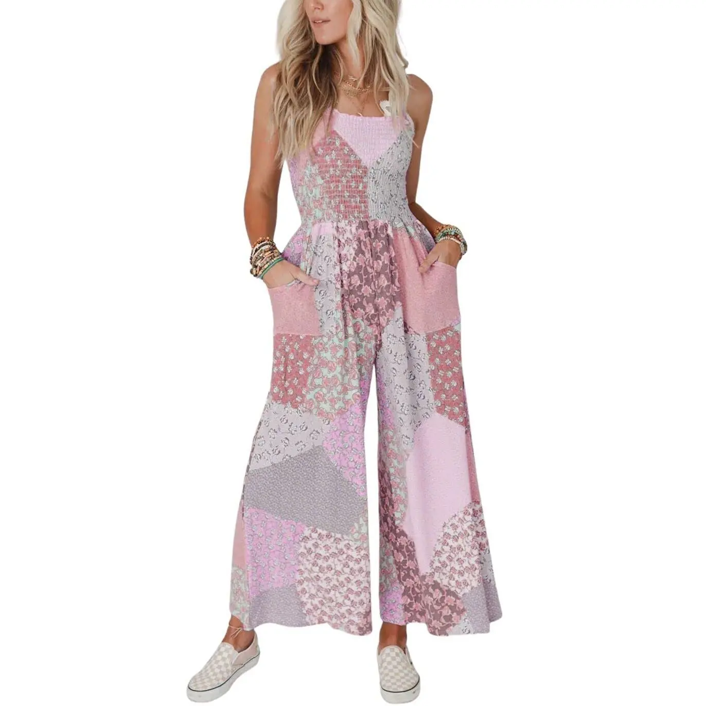 Chouyatou Women's Sleeveless Color Block Floral Wide Leg Spaghetti-Strap Overalls, Smocked Waist Ethnic Fashion Romper with Matching Top, Elastic, Printed, Elegant, Flowers, Fashion Apparel, Wedding, Outdoors, Wide Legs, Floral Print, Refer To Size Chart,