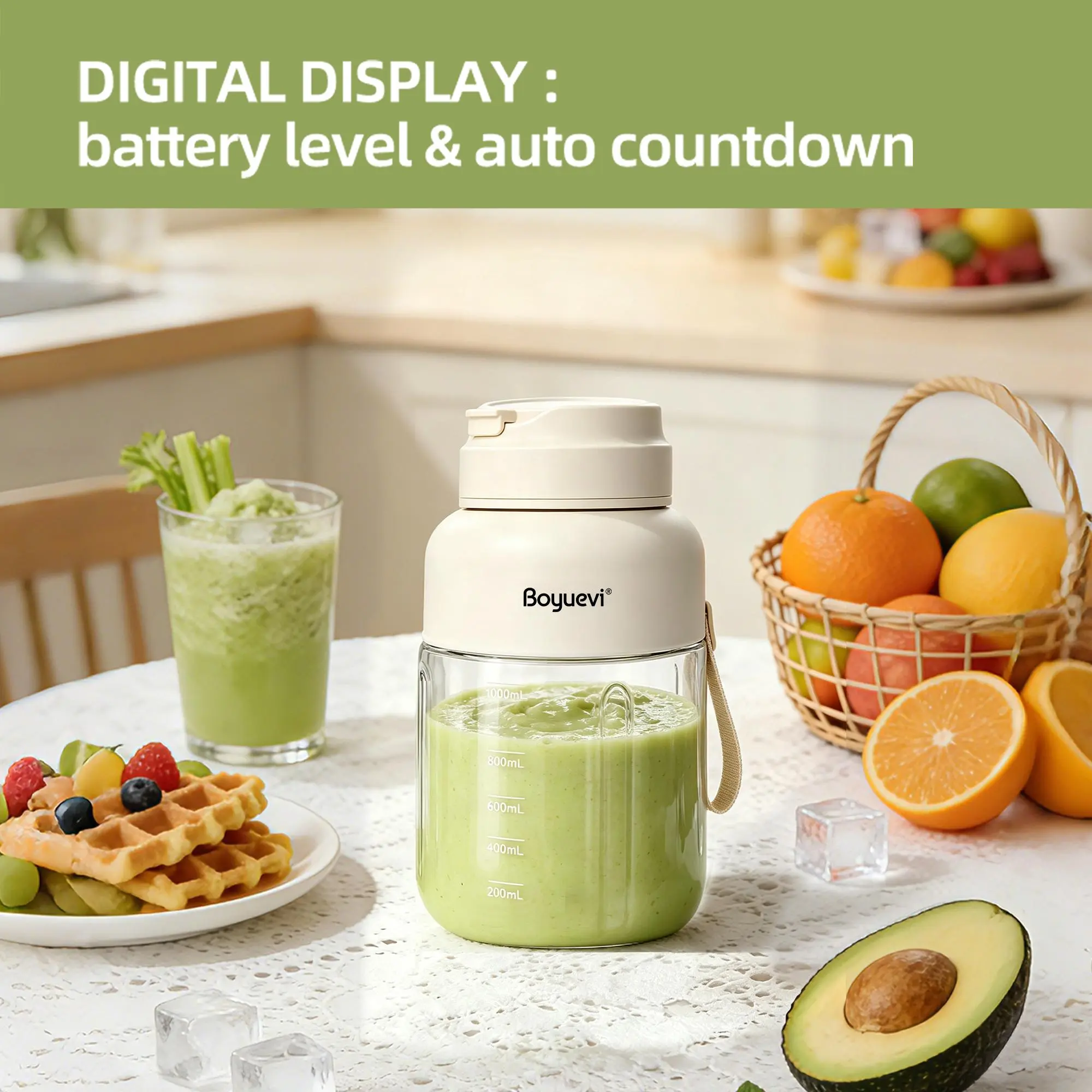 Boyuevi 1350ML Minimalist Personal Portable Blender Smoothie Maker - USB Rechargeable, Ice-Crushing Juicer Cup with Flip Lid, Multi-Size Option for Active Travelers’ Protein Shakes & Fresh Fruit Juice