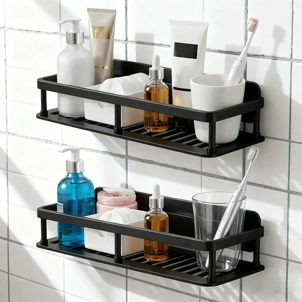 2PC Black Floating Wall-Mounted Shelf Organizer, Detachable Storage with 2 Installation Options (Adhesive No-Drill & Screw Drill), Moisture-Resistant, Stain-Resistant, Easy Installation for Living Room, Maximizes Vertical Wall Space