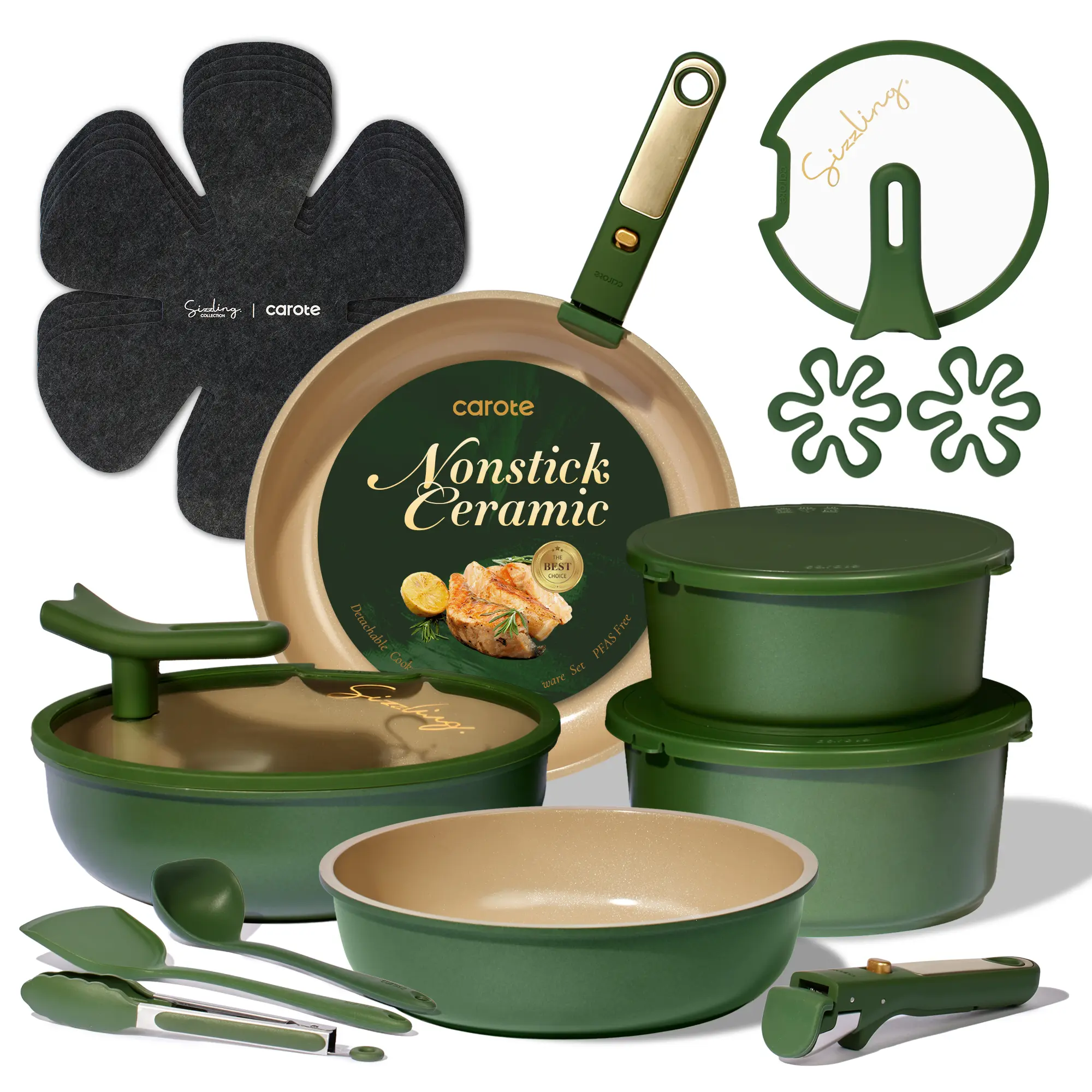[Official] CAROTE 20Pcs Ceramic Cookware Set Stand-Up Lid with Detachable Handle Set, Non Stick Pots and Pans Set Non Toxic, PFAS Free