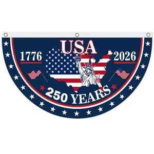 (1 Piece) America 250th Anniversary Semicircular Flag, 1776-2026 Patriotic Porch Railing Banner with 2 Grommet Holes, Memorial Day/Veterans Day All-Seasons Outdoor Fence Balcony Decor (Statue of Liberty Design)