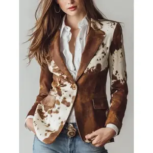 Vintage Cow Skin Print Eco-Friendly Suede Blazer | Women??s Western Cowhide Jacket | Sustainable Cow Print Coat（gift）