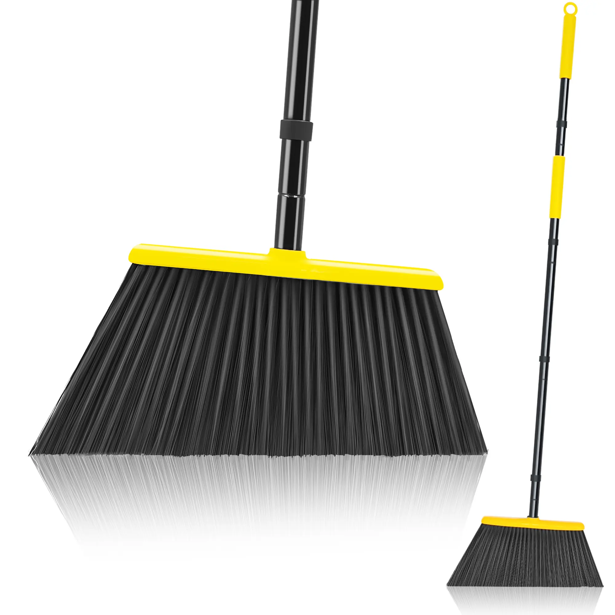 JEHONN Outdoor Broom Heavy Duty with 55 inches Long Handle, Household Collapsible Angle Brush for Sweeping Indoor Kitchen Patio Shop Outside Garage Lobby Garden Deck Hardwood Floors (Yellow)