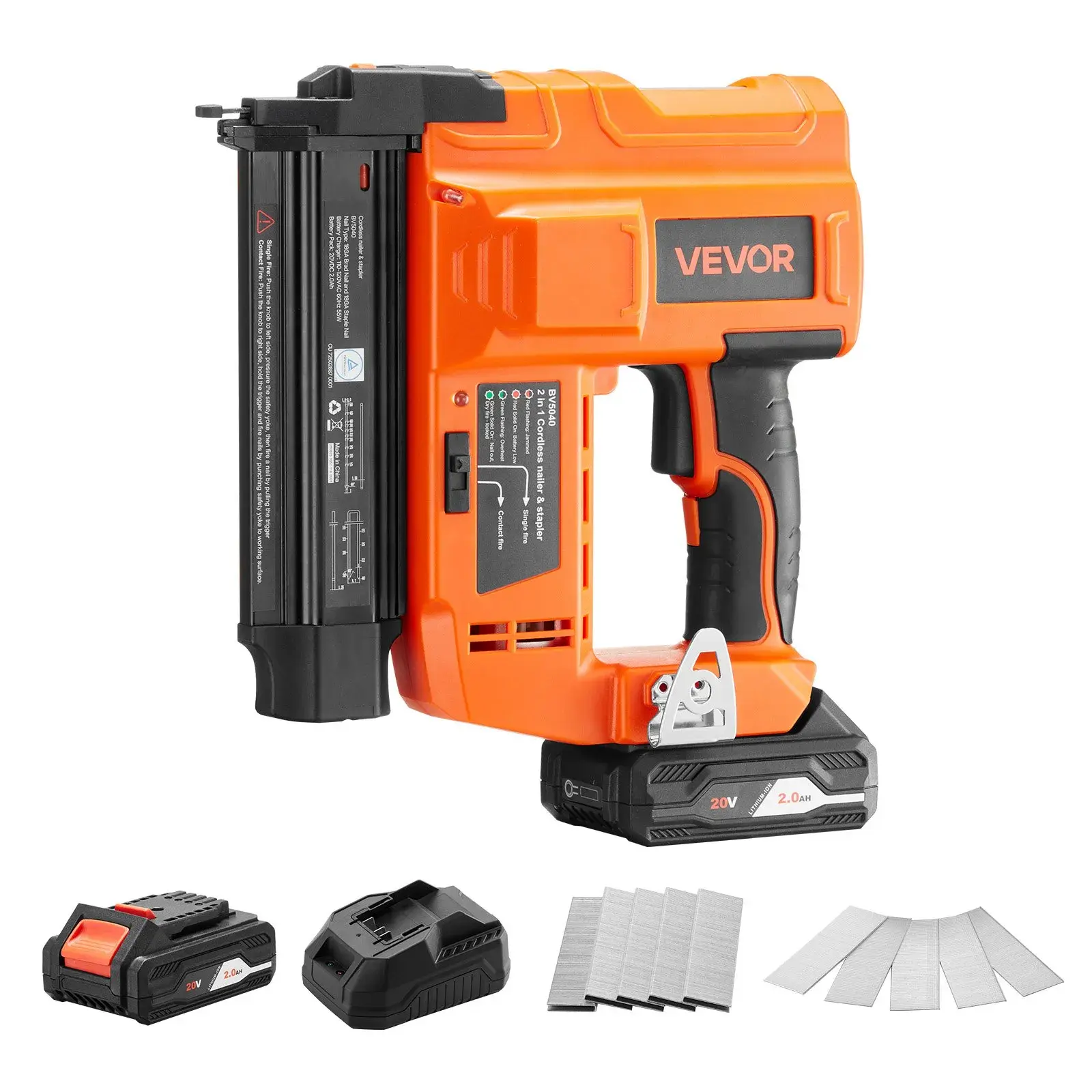 【Summerfinds】VEVOR 2-in-1 Cordless 18 Gauge Brad Nailer & Staple Gun Power Tool, 20V 2.0 Ah Lithium Ion Battery, 500 Brads, 500 Staples, Charger, Quick Jam Release for Furniture Trim Install, Home Improvement, Power Tools