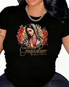 Short Sleeve T-Shirt (Virgin Mary, Our Lady of Guadalupe Style) - Pure cotton, women's fashionable printed T-shirt for spring and summer, religious elements, your best choice, suitable for all seasons!