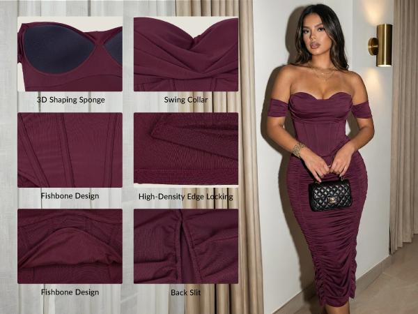 CurvySweet Scarlett Summer Women's Off The Shoulder Midi Dress Built-in Bra Ruched Corset Bodycon beach vacation outfit Cocktail Party Dresses Sleeveless Womenswear,summerwins