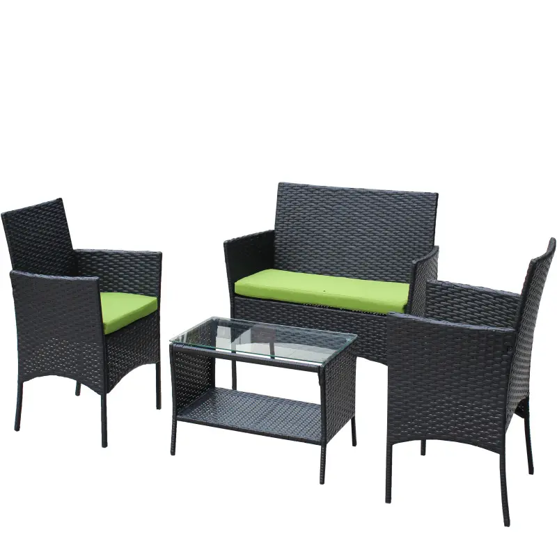 4-Piece Wicker Patio Furniture Set, Outdoor Conversation Set with Loveseat, Armchair, Tea Table, Green Cushions, Water-UV Resistant PE Rattan, Steel Frame, Tempered Glass Top, Patio Conversation Set