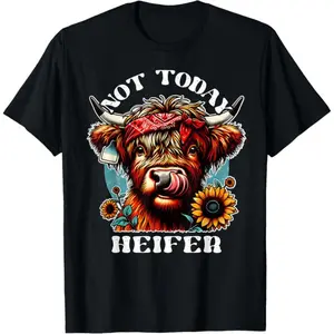 100% Cotton Not Today Heifer Retro Highland Cow Bandana Sunflowers T-Shirt