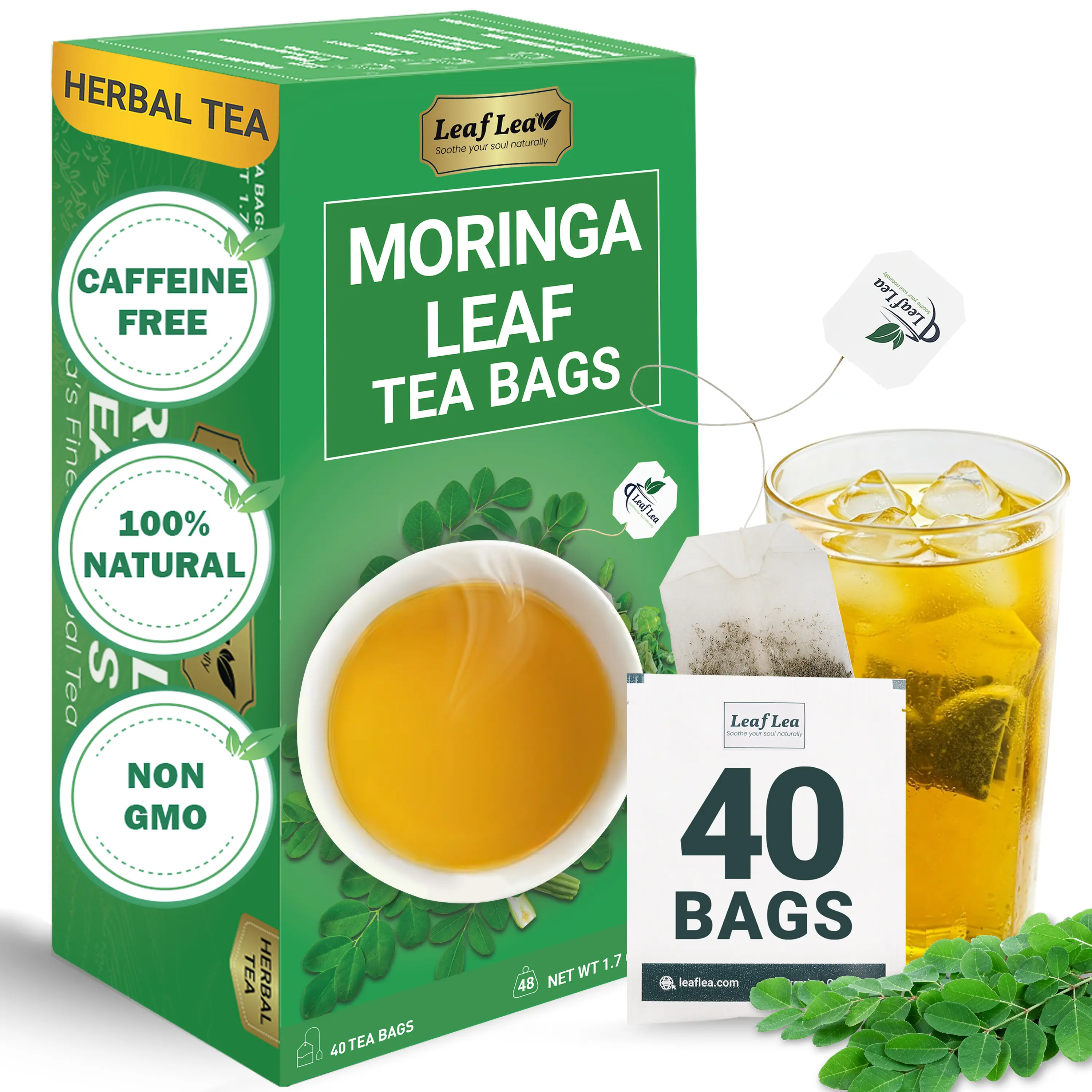 LeafLea Moringa Tea Bags, 100% Natural and Pure Moringa Leaf Herbal Tea, Supports Digestion and Immune Health, Caffeine-Free, Sugar-Free, Vegan, Individually Wrapped for Freshness