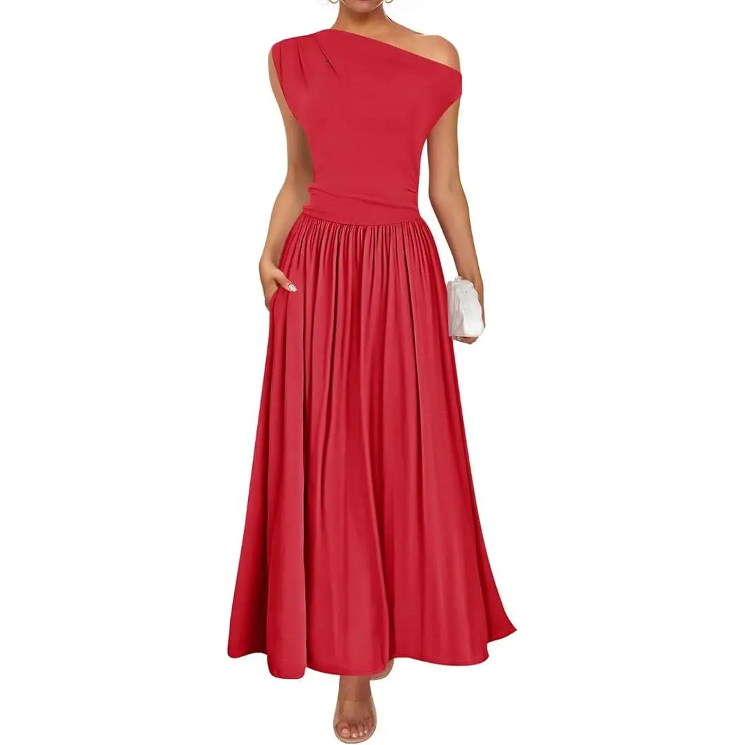 ZESICA Women's Summer 2025 Sleeveless Maxi Dress One Shoulder Casual Slim Swing Pleated Formal Dresses with Pockets