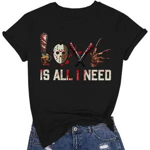 EEY Love is All I Need Halloween Squad Shirt Women Novelty Horror Movies T-Shirt Halloween Scary Graphic Short Sleeve Top