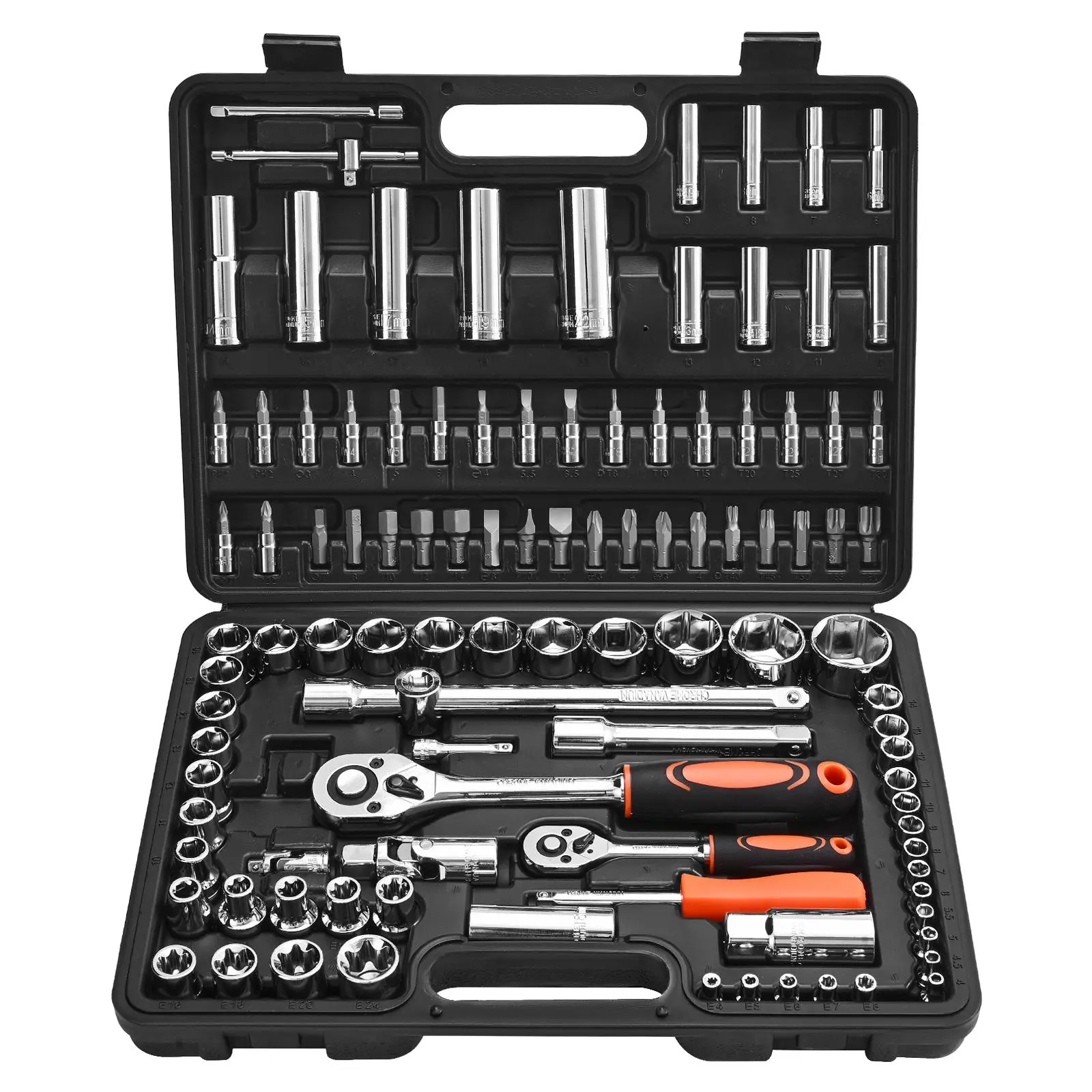 【Summerfinds】VEVOR 108-Piece Mechanic Tool Kit Set1/4 & 1/2 Inch Drive Socket and Ratchet SetMetric 4-32 mm CR-V Alloy Steel Mechanic Tools with BitsAccessories & Storage Case for Automotive Repair, Car Tools