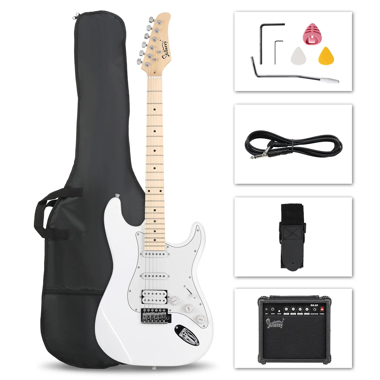 GST Stylish HSS Pickup Electric Guitar Set with 20W Amp, Bag, Strap, for Beginners, 1/4 Inch Output, 1/8 Inch AUX Input, White Pickguard