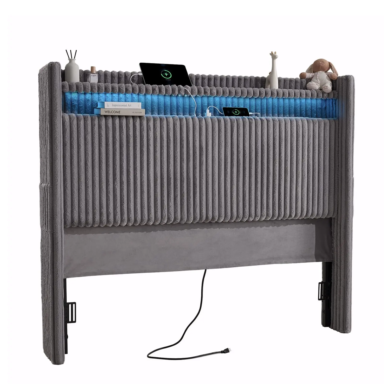 【SummerFinds】ONBRILL 54" Tall Queen Wingback Upholstered Headboard - Bed Frame, LED Lights, Charging Station, High-Density Sponge Padding, Storage Pockets, Corduroy, Color Changing, Apartment Studio Decor, Indoor Furniture