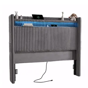 ONBRILL 54" Tall Headboard Queen Size with Storage, LED Light, Corduroy Wingback Headboard with Charging Station, Upholstered Head Board Queen w/High-Density Sponge Padding, Storage Pockets