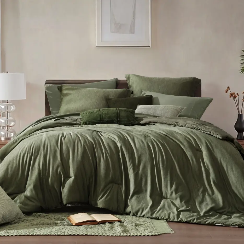 【Summer Sales Deals】Monbix Queen Comforter Set - 7 Pieces Cationic Dyeing Olive Green Bed in a Bag Comforter Sets with Double Sided Storage Pockets, Sheets, Pillowcases & Shams, microfiber,Reversible Bedding Comforters Sets