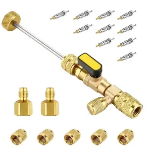 Portable AC Valve Core Remover Tool Kit Universal for Automotive & Household Refrigeration Systems with Valve Cores and Caps R410/R32 Reducing R22 British 1/4