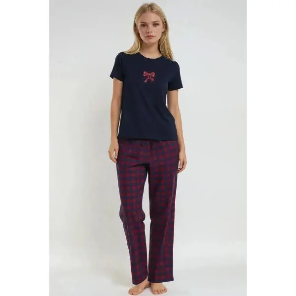 Forever 21 Women's 2-Piece Knit Pajama Set, Short-Sleeve Bow Graphic Tee and Plaid Loungewear Pants, Cute Nightwear, Shortsleeve, Sleep & Lounge, Matching, Pajamas Sets, Knitting, Everyday, Cute Pajamas