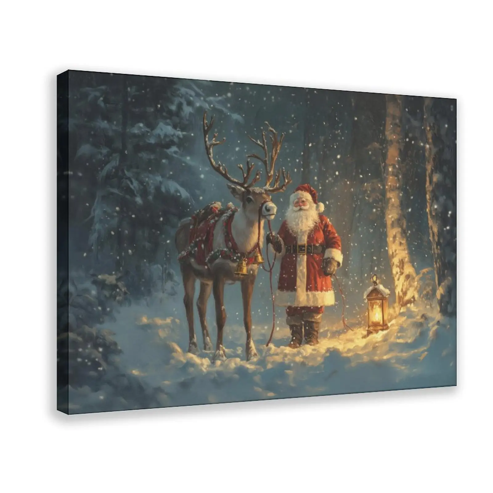 Vintage Santa Claus & Animal Reindeer Snowy Forest Poster - Customizable Multi-Size Christmas Decorative Wall Art Print, Moody Cottagecore Home Decor, Holiday Gift, Painting, Animals