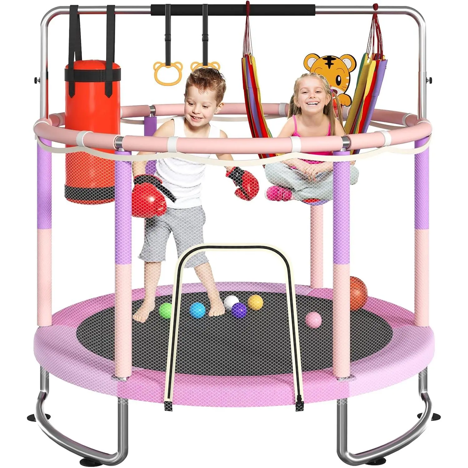 Children's Day gifts Mini Round Trampoline for Kids with Basketball Hoop, 55" 60"Toddler Trampoline Indoor & Outdoor, 440lbs Capacity Baby Trampoline with Enclosure, No-Gap Safe Design,,Swing,Sandbag,Ring,Ocean Balls,Gifts for Boys&Girls,