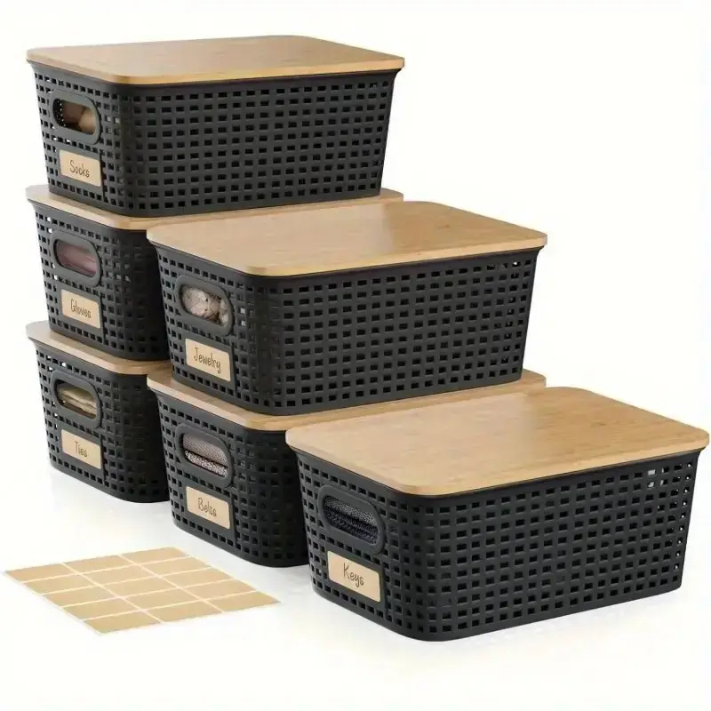 6-Pack Rectangle Wicker-Style Storage Bins with Bamboo Lids - Home Storage Organizer Set for Study, Makeup Use - Black