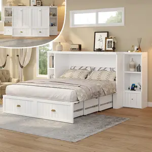 [Ships in 2 Boxes] AMERLIFE Murphy Bed with Bedside Tables, Foldable Cabinet with 3 Storage Drawers & Charging Station, Farmhouse Hideaway Bed for Bedroom/Office/Guest Room