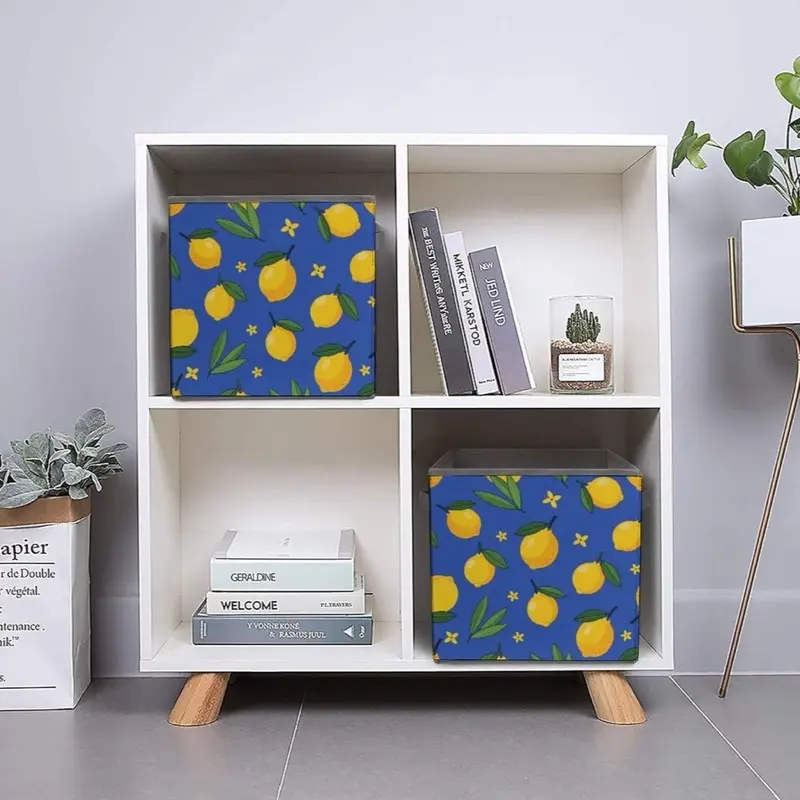 4pieces Bolaz blus Lemon Closet Organizers Storage Cubes Storage Bins Shelf Baskets Containers with long handles,for Home Kids Room Toys Office,Square