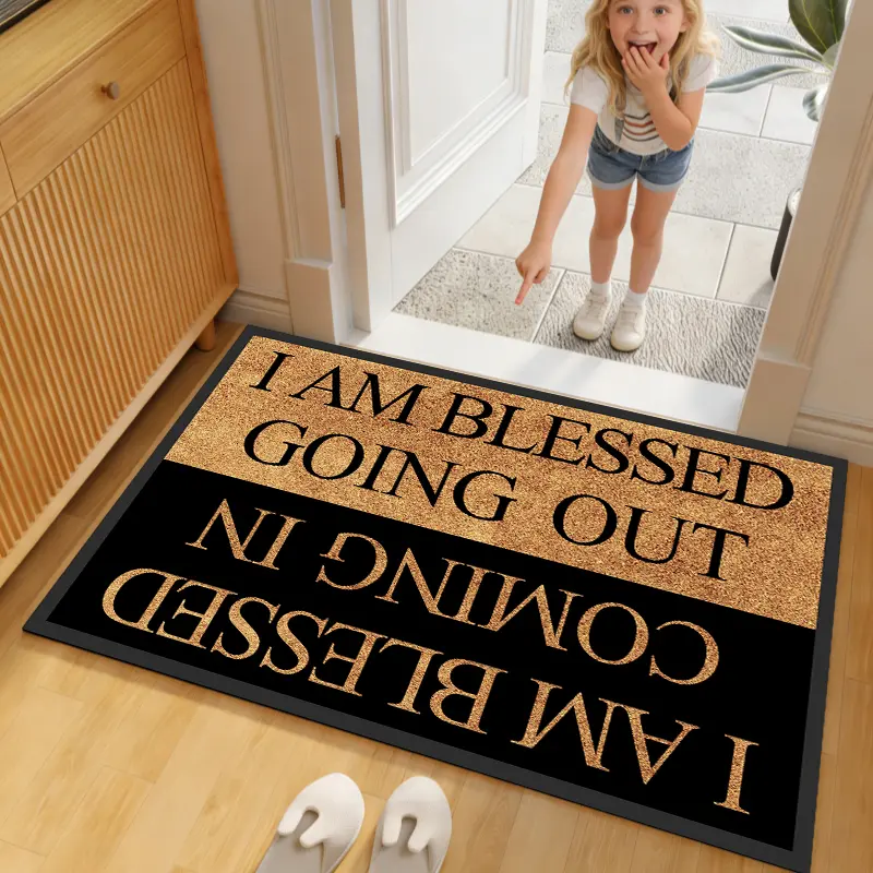Door mat with blessing letter pattern, indoor entryway floor mat, minimalist style, creative room decor small rug, suitable for living rooms, bedrooms, dorm entry mats—good luck area rug