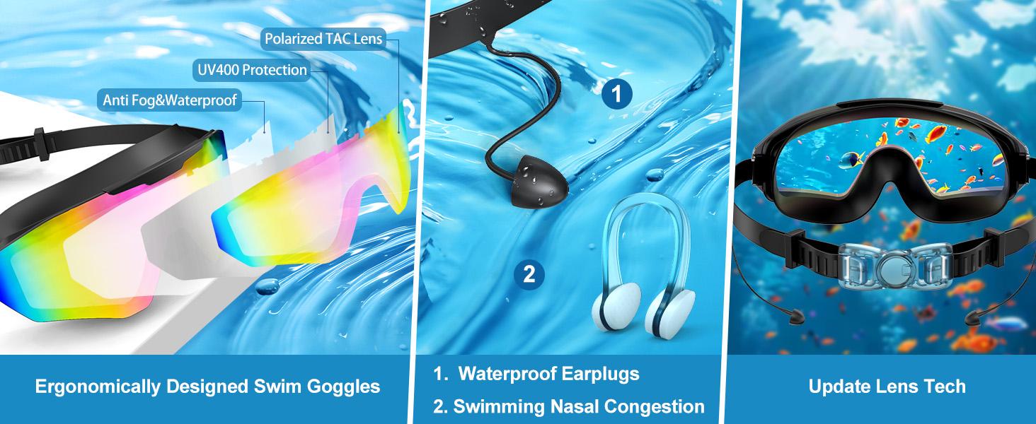 Viyawise Swim Goggles for Adults & Kids - Anti-Fog Full-Coverage, 3-Color UV Lens, Waterproof Earplugs & Nose Clip, Fit Outdoorfun