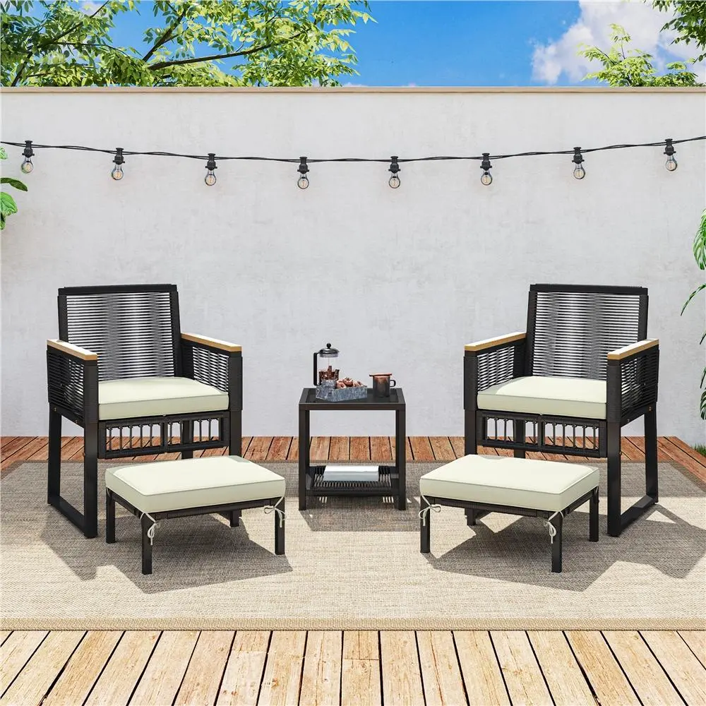 Costoffs 5-Piece Wicker Patio Conversation Set - Outdoor Rattan Furniture Set with Table, 2 Armchairs, 2 Ottomans, 4 Cushions for Balcony, Deck - Black/Beige, Outdoor Furniture Set